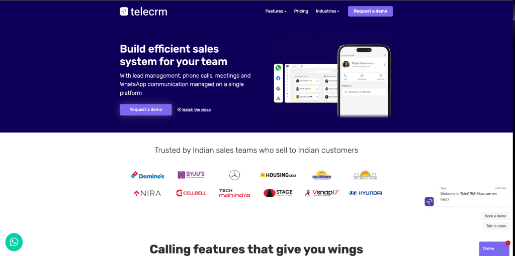 Telecrm's homepage